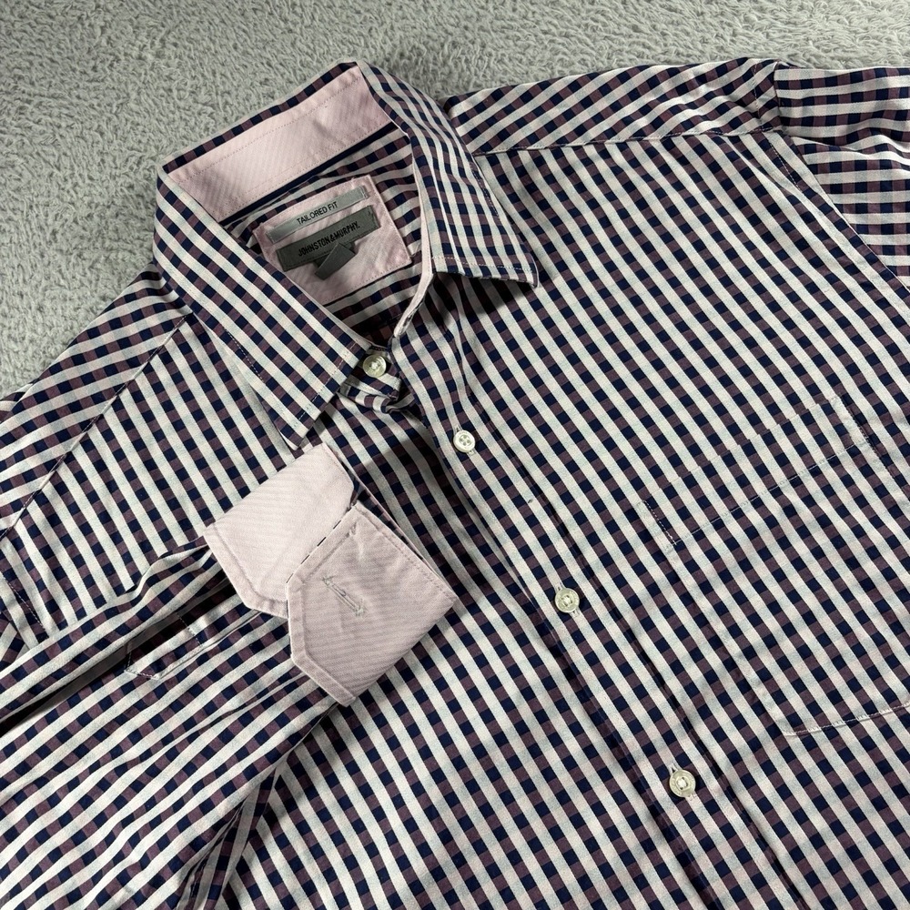 Johnston Murphy Shirt Mens Large Tailored Fit Plaid Contrast Flip Cuff